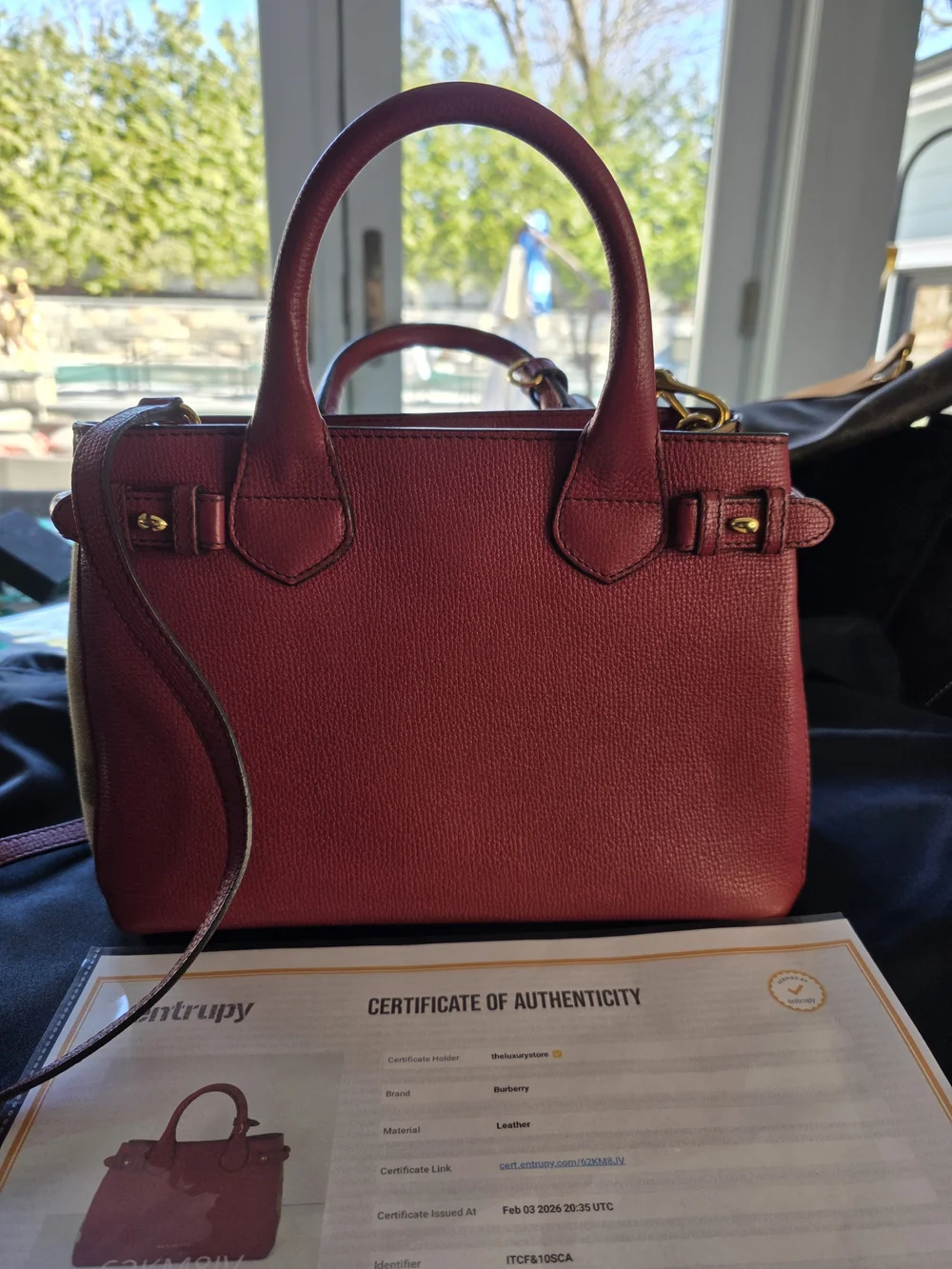 Burberry Burgundy Pebbled Leather Top-Handle Satchel - Picture 15 of 16